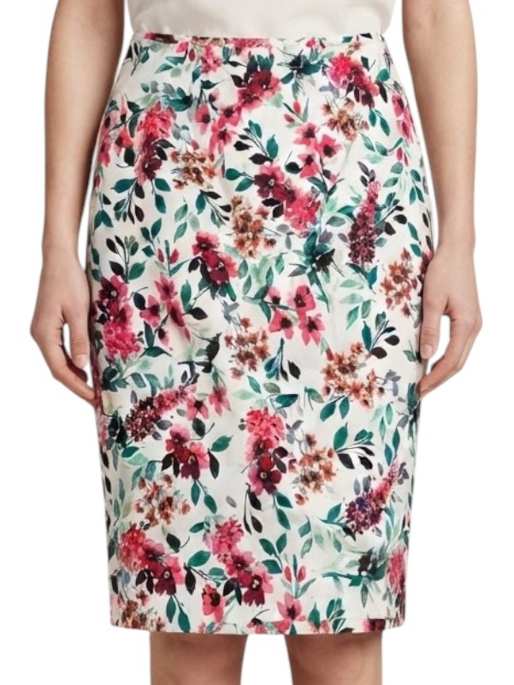 CALVIN KLEIN White Pink Floral Cotton Stretch Pencil Skirt Office Workwear 6